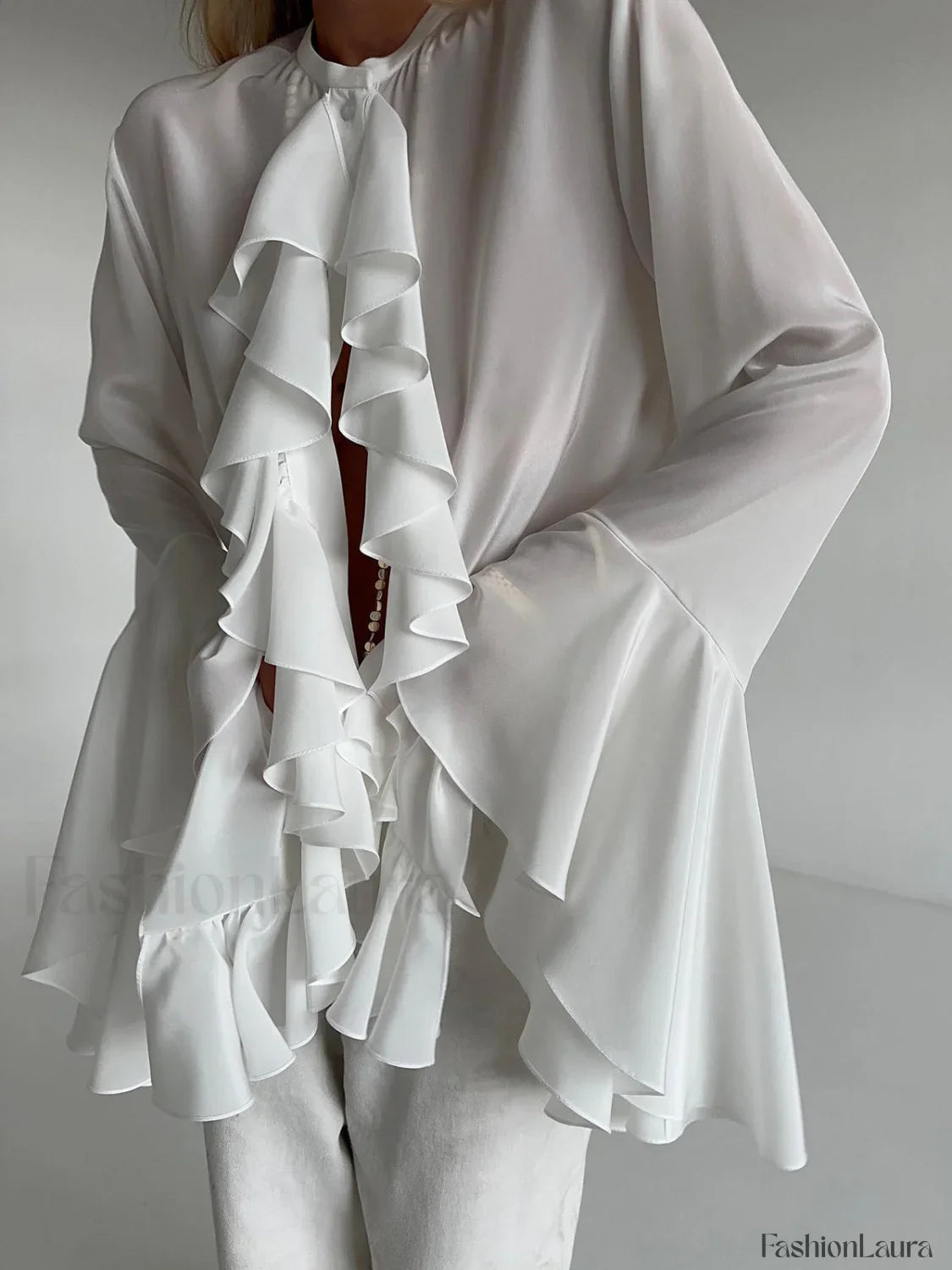 Semi-sheer Chiffon Graceful Ruffled Trim Blouse