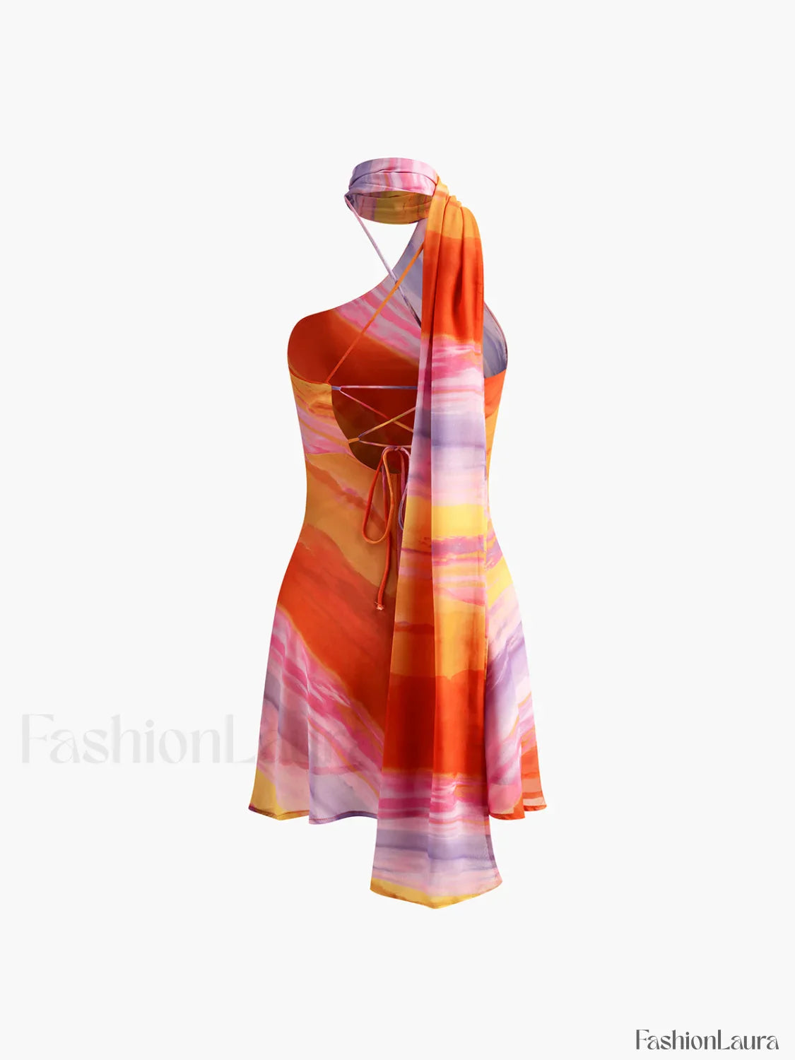 Semi-Sheer Halter Backless Tie Dye Short Dress