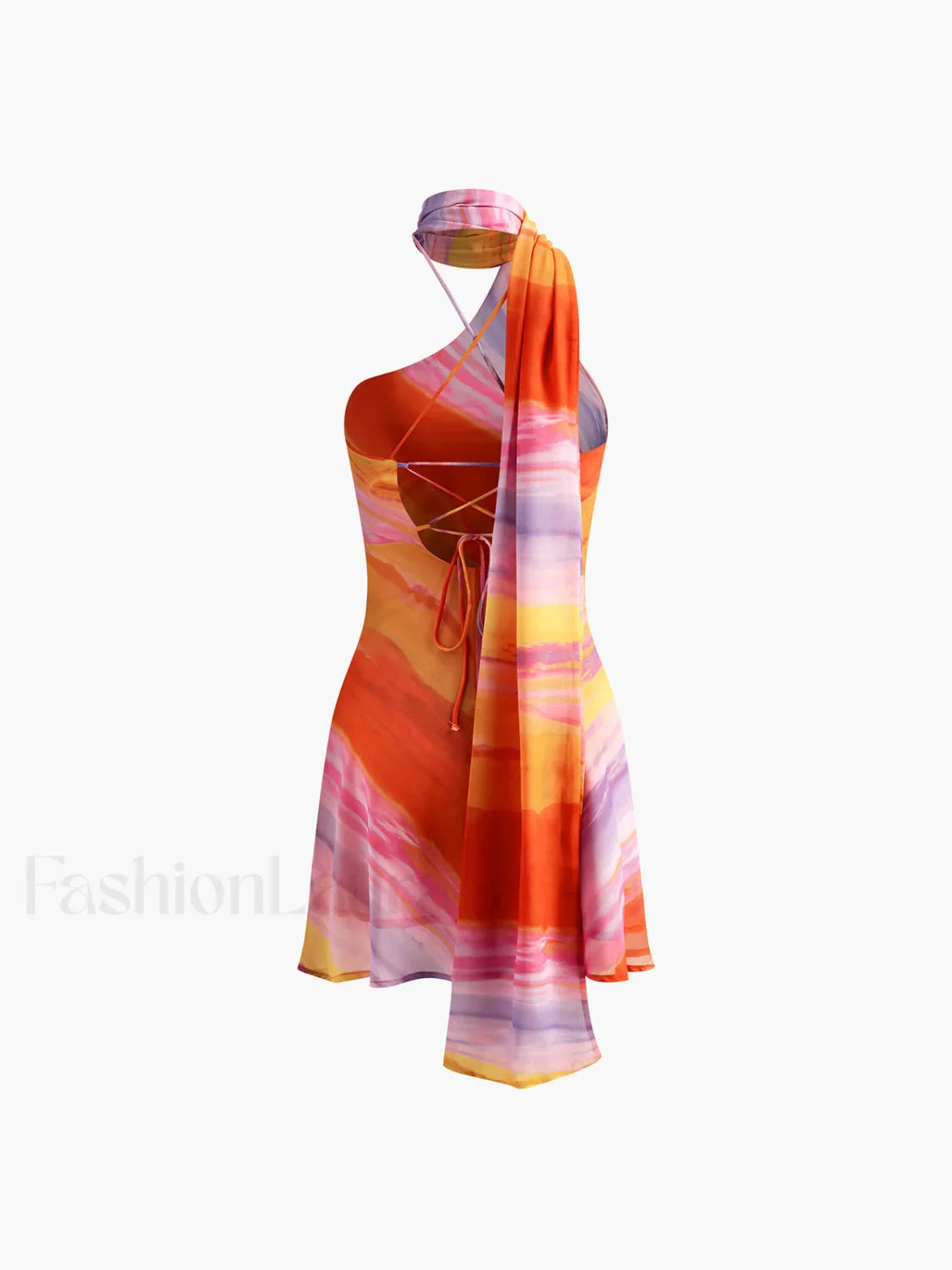 Semi-Sheer Halter Backless Tie Dye Short Dress