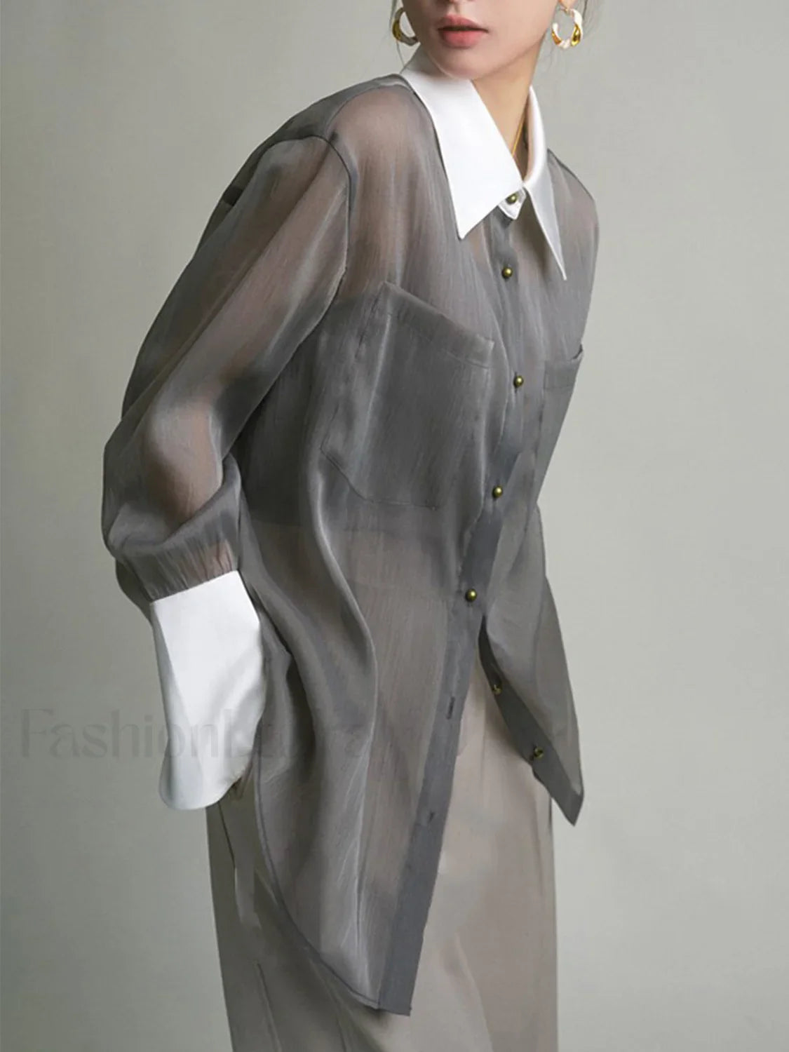 Semi Sheer Leisure See Through Shirt With Cami Top Grey / XS Shirts