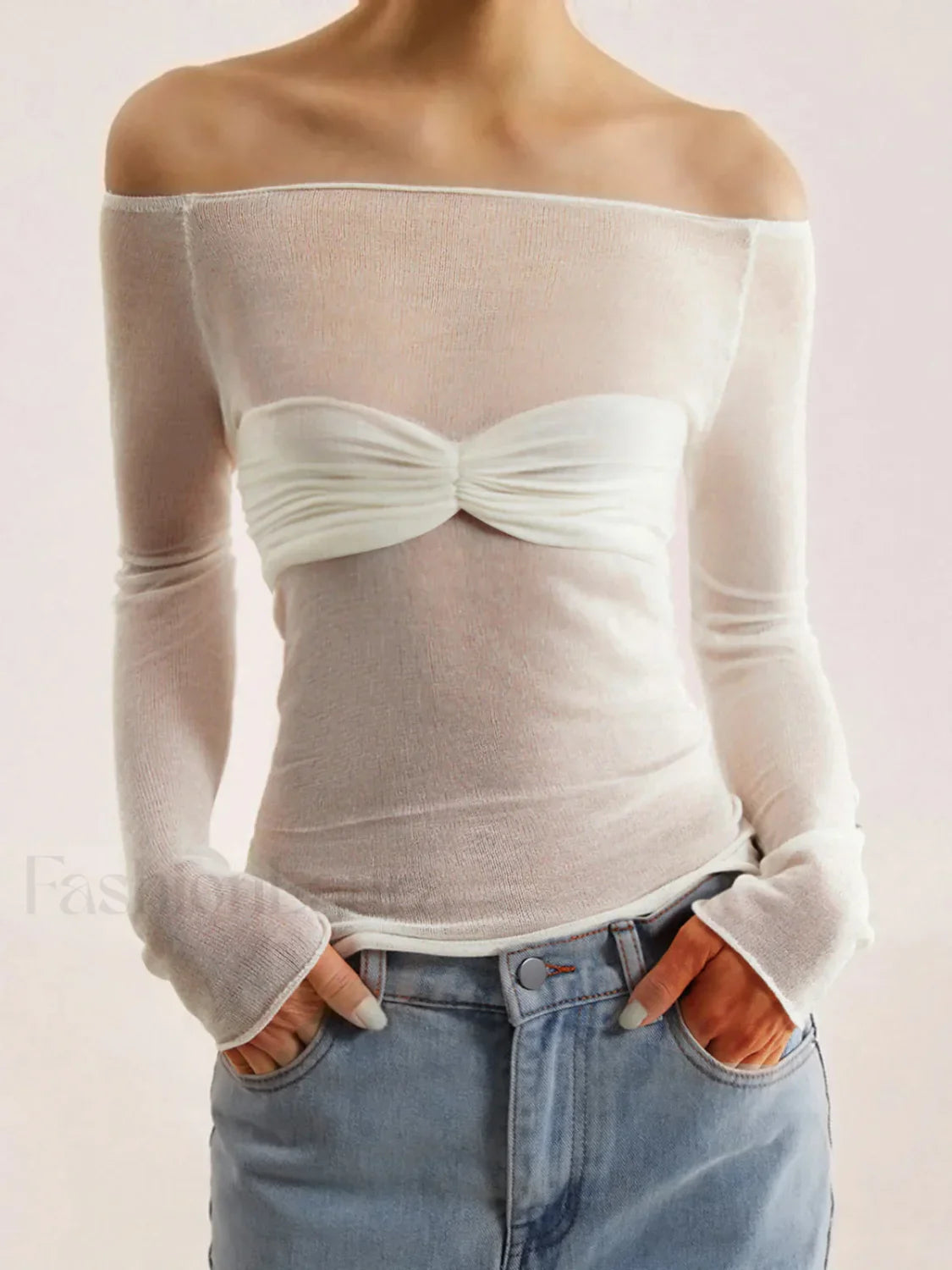 Semi-Sheer Off-Shoulder Mesh Long Sleeve Shirt