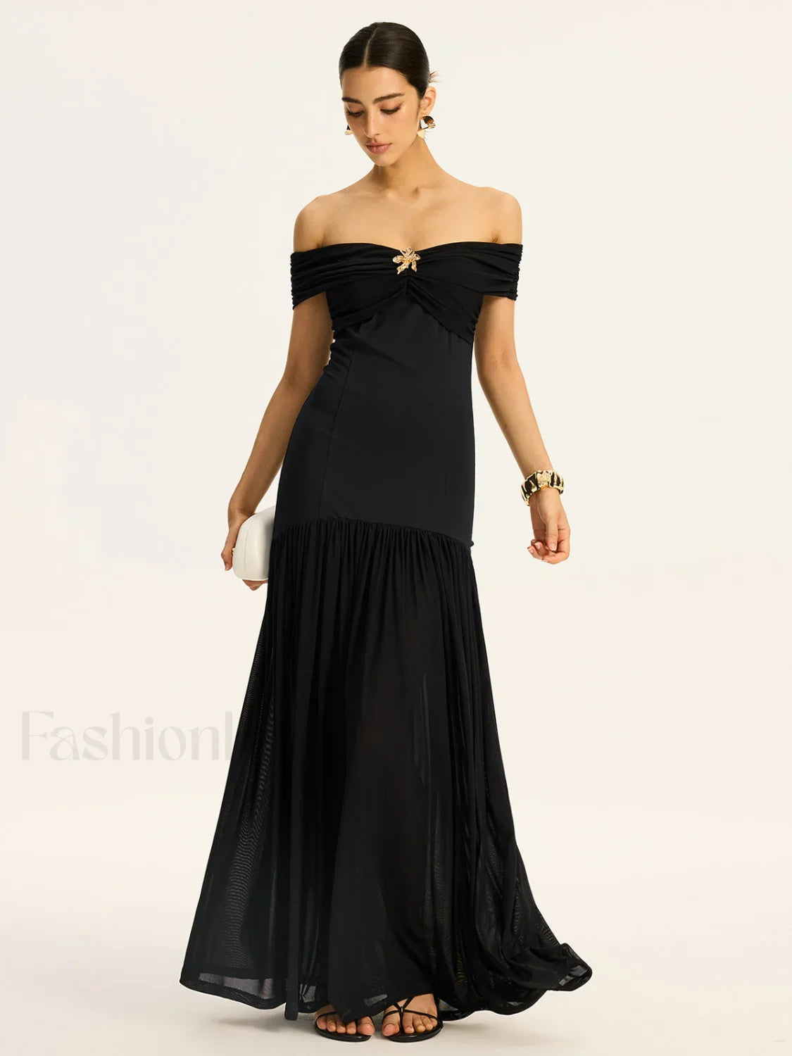 Semi-Sheer Off-Shoulder Ruched Mesh-Paneled Maxi Dress