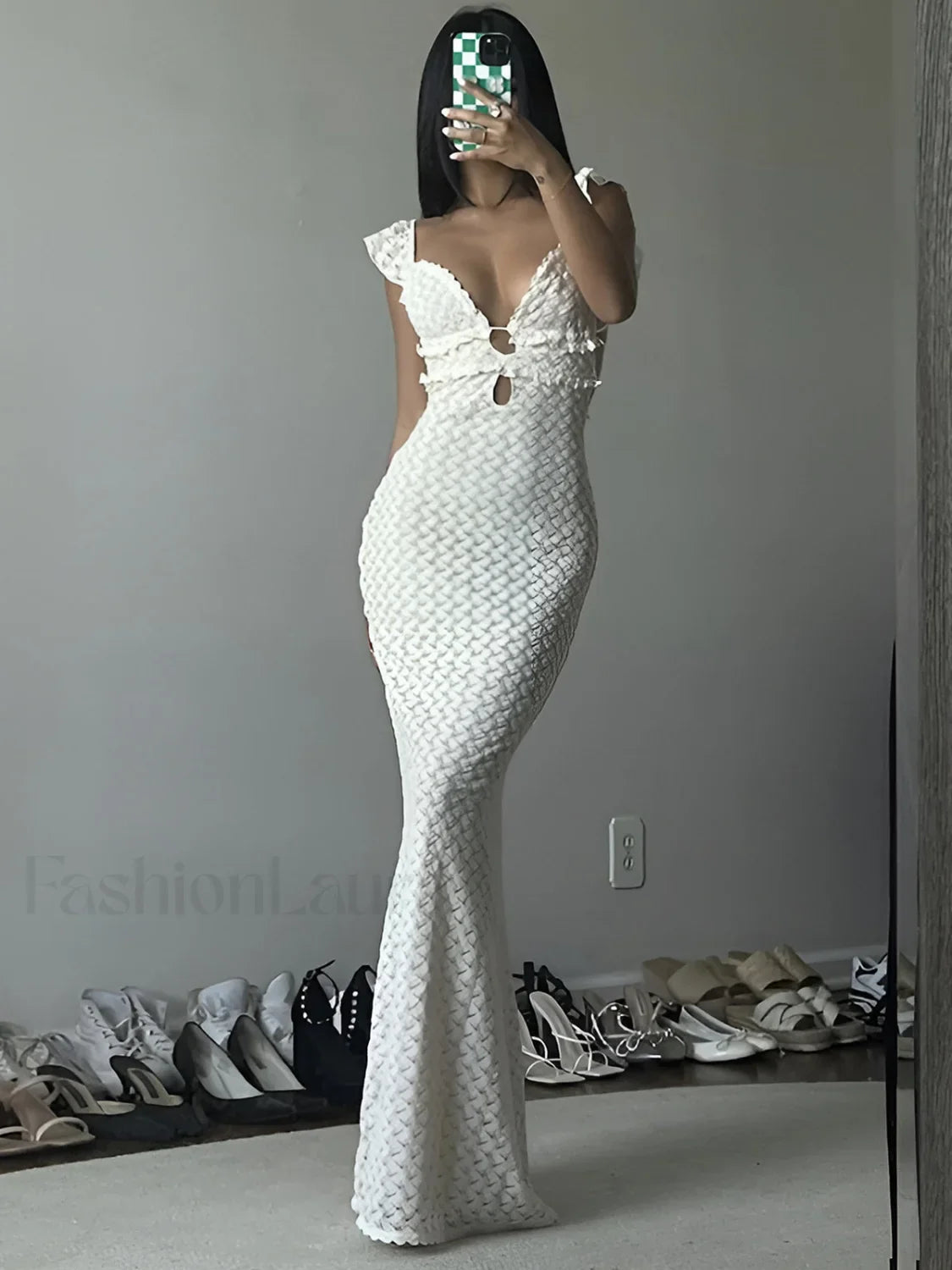 Semi-Sheer Pearl Keyhole Neckline Cami Long Dress