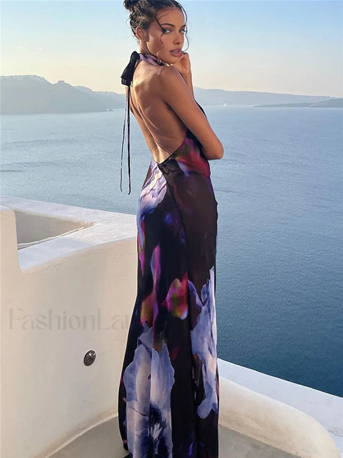 Semi-Sheer Print Backless Halter Dress
