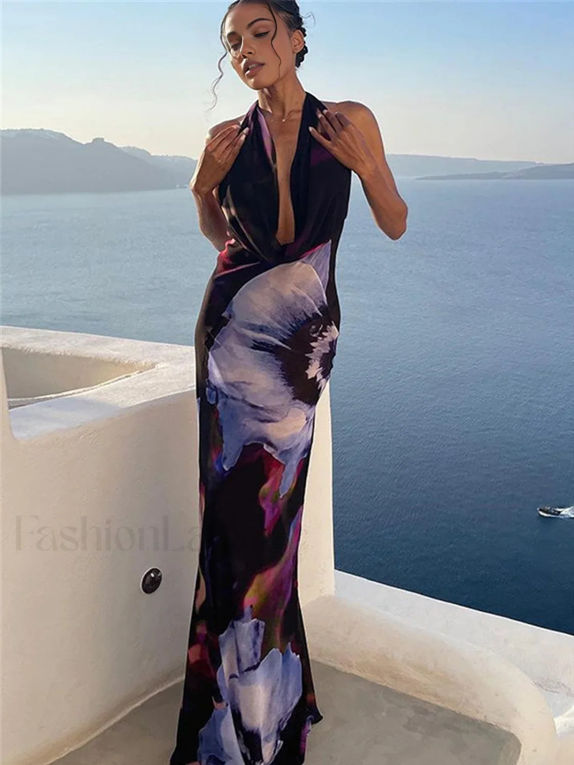 Semi-Sheer Print Backless Halter Dress