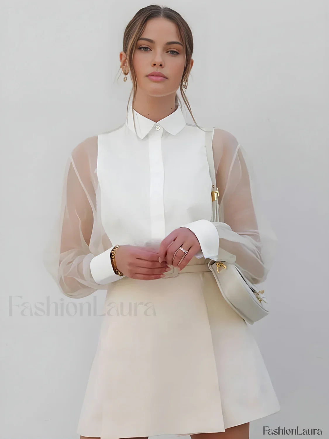 Semi-Sheer Puff Sleeve Organza Shirt
