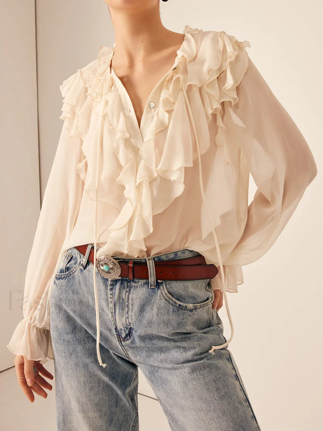 Semi-Sheer Ruffle Chiffon Breasted Blouse