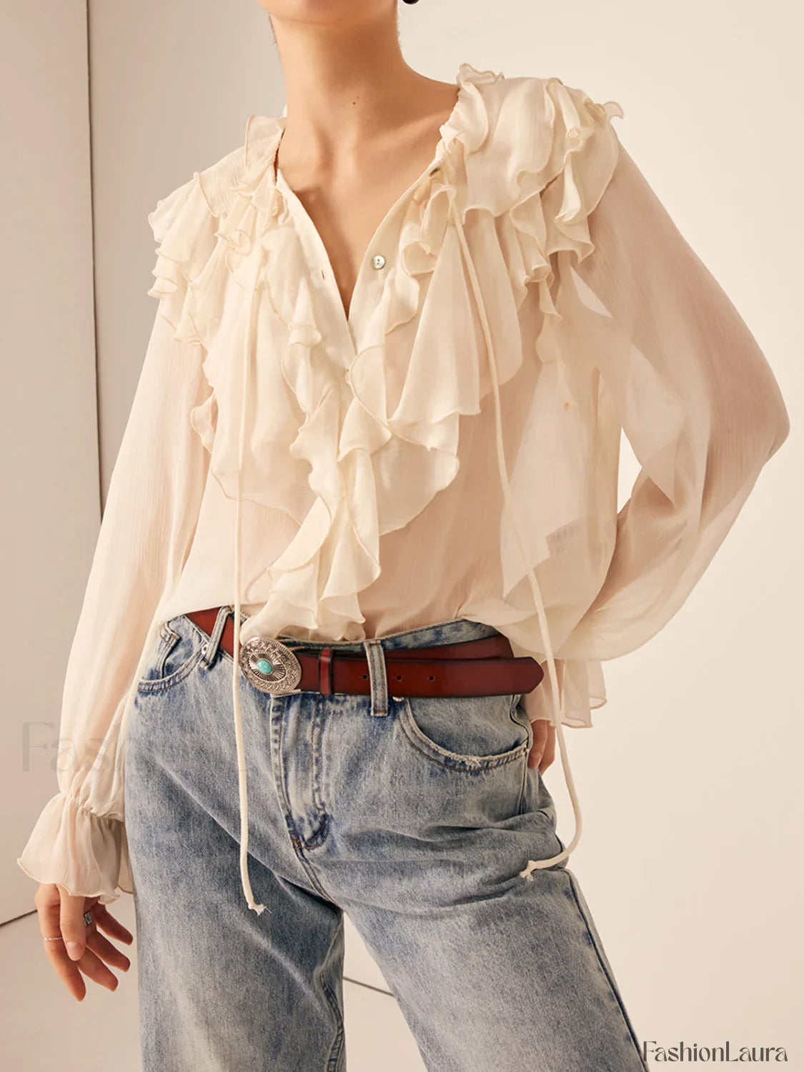 Semi-Sheer Ruffle Chiffon Breasted Blouse