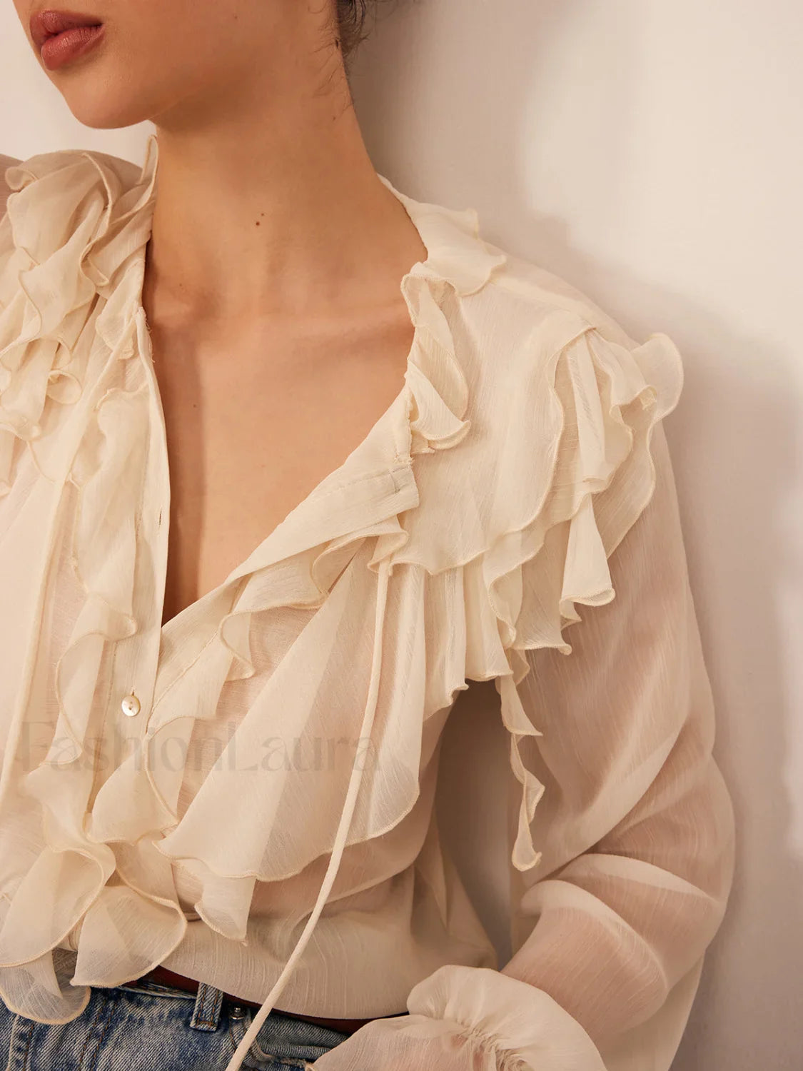Semi-Sheer Ruffle Chiffon Breasted Blouse