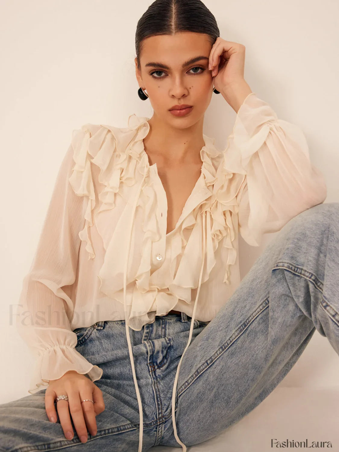 Semi-Sheer Ruffle Chiffon Breasted Blouse