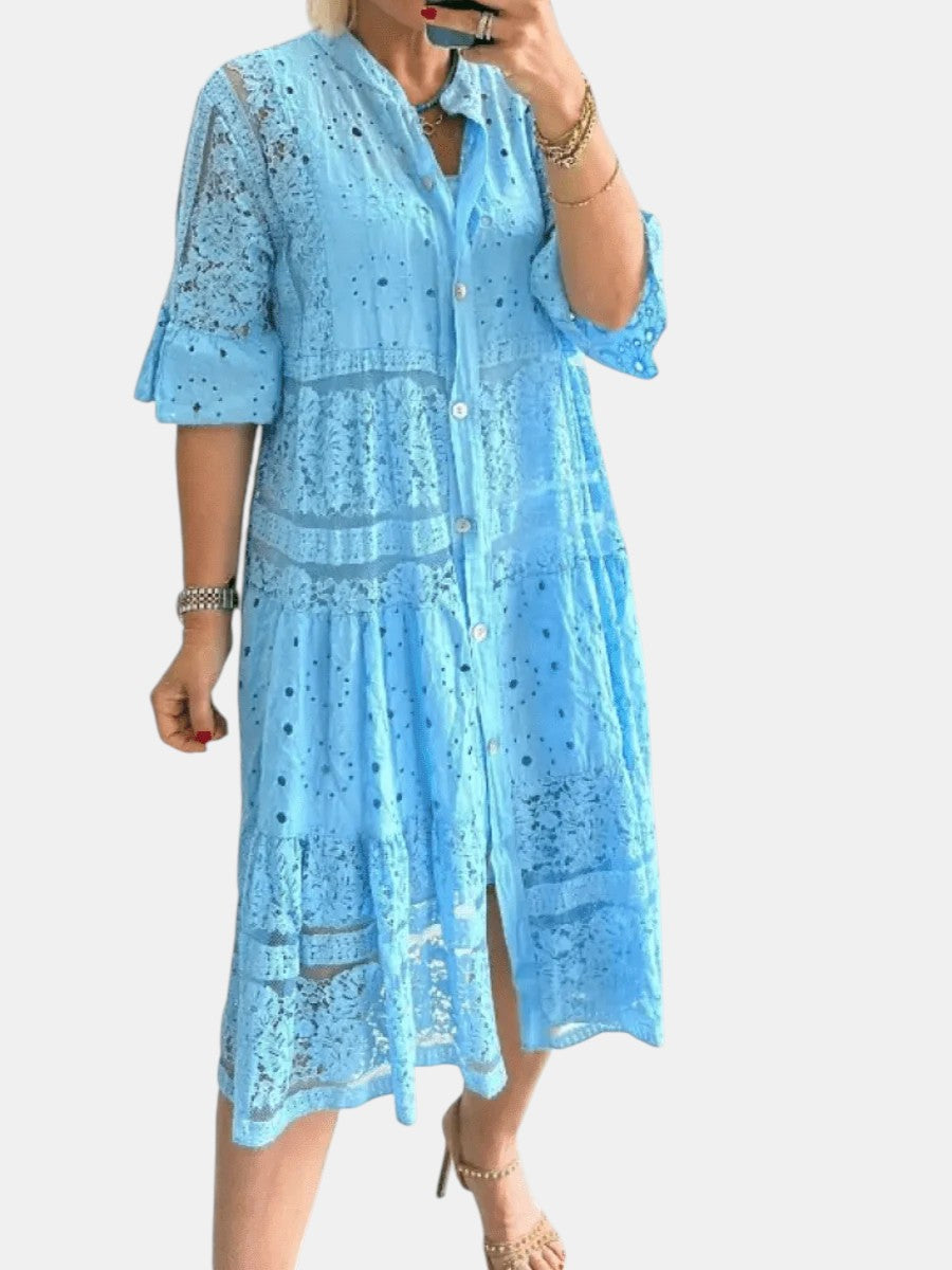 Floral Print V-Neck Long Sleeve Shift Midi Dress