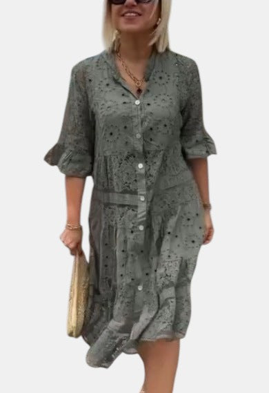 Floral Print V-Neck Long Sleeve Shift Midi Dress