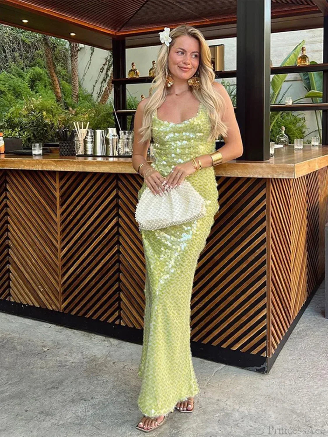 Sequin Backless Lace-Up Square Collar Maxi Dress green / S