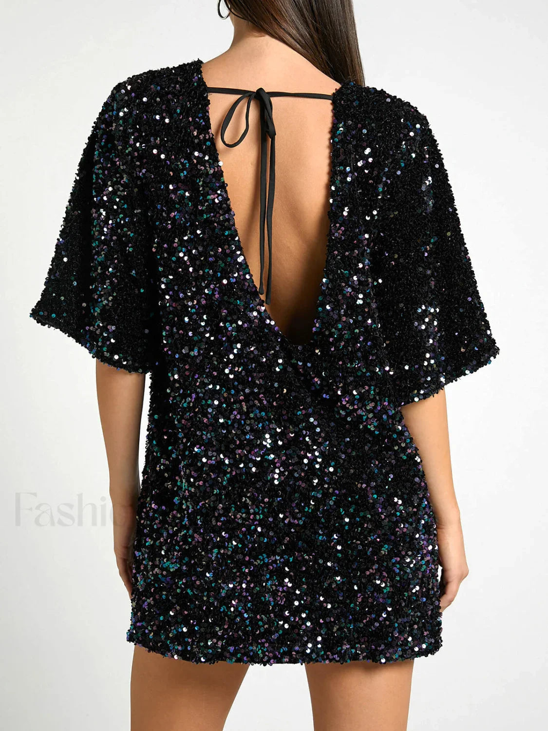Sequin Deep V Trendy Back Tie Short Dress