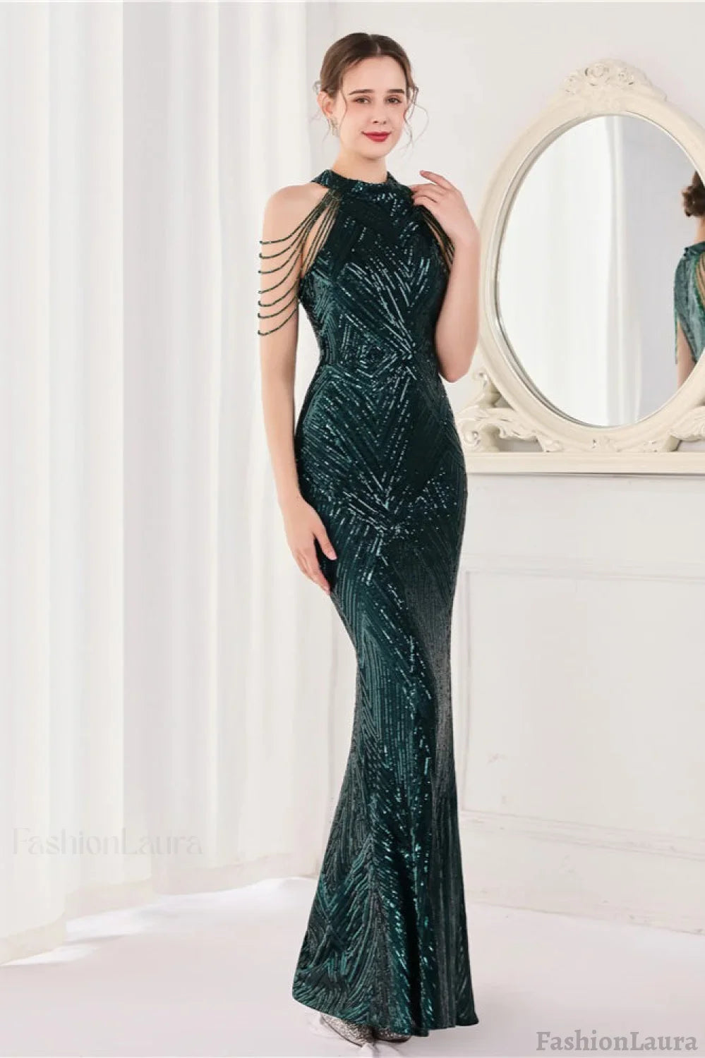 Sequin Halter Mermaid Maxi Party Dress