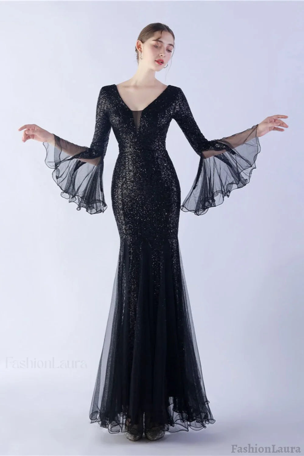 Sequin Ruffled Mesh Party Dress Black / S