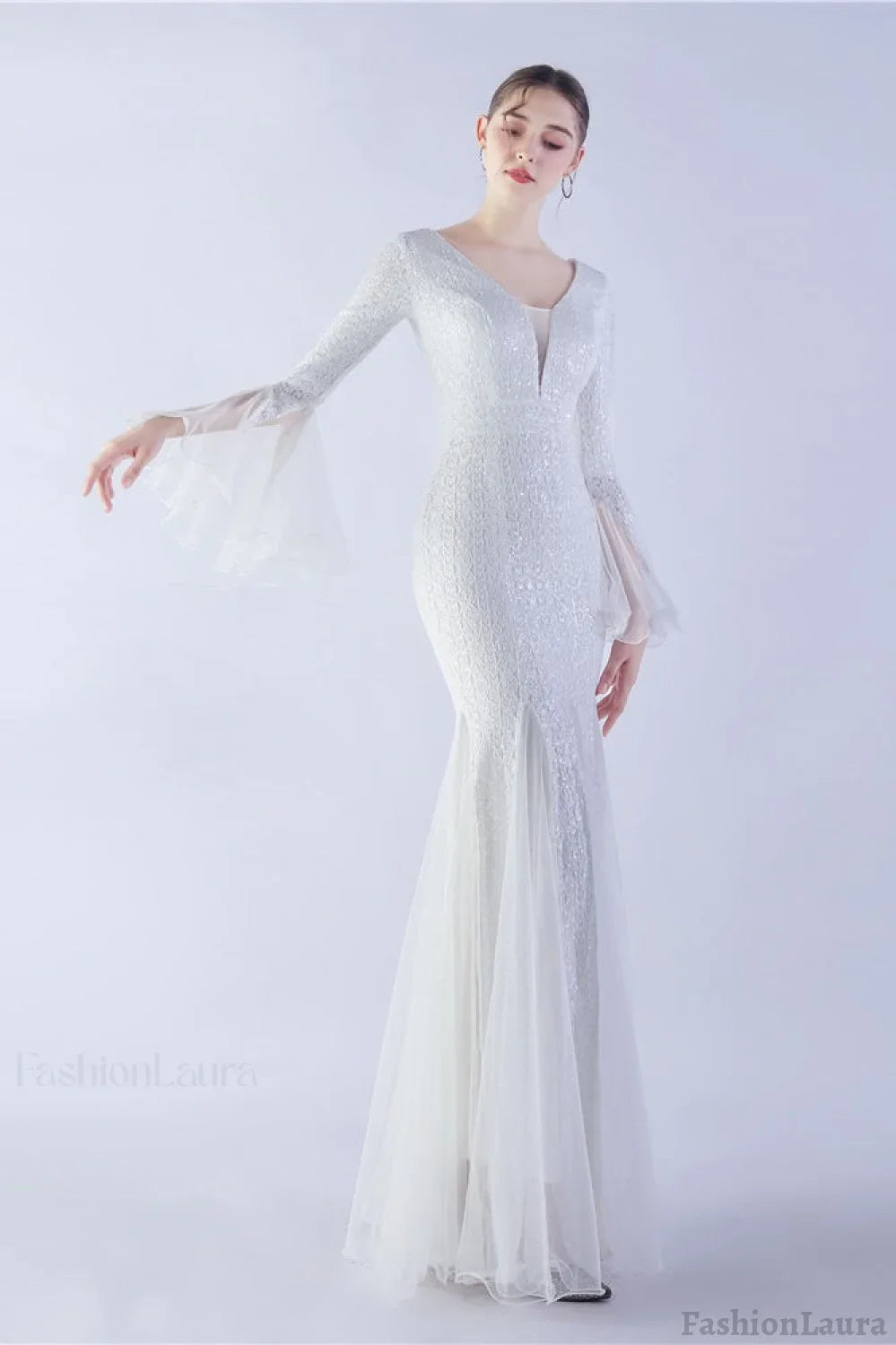 Sequin Ruffled Mesh Party Dress White / S