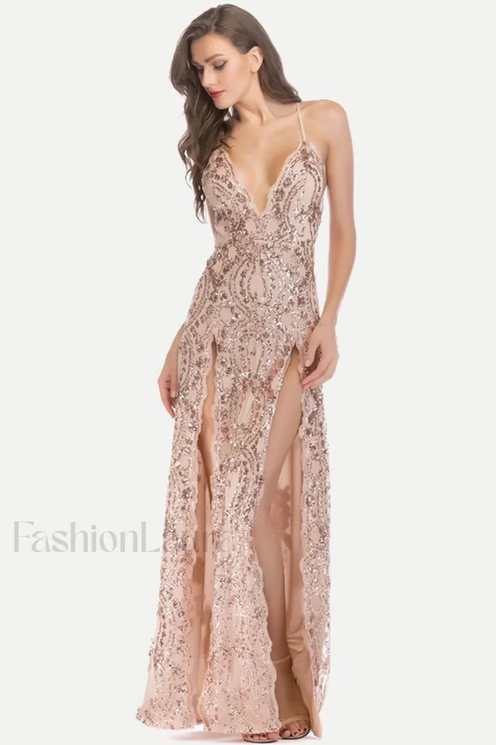 Sequin Slit Glitter Charming Maxi Evening Party Dress S / Gold