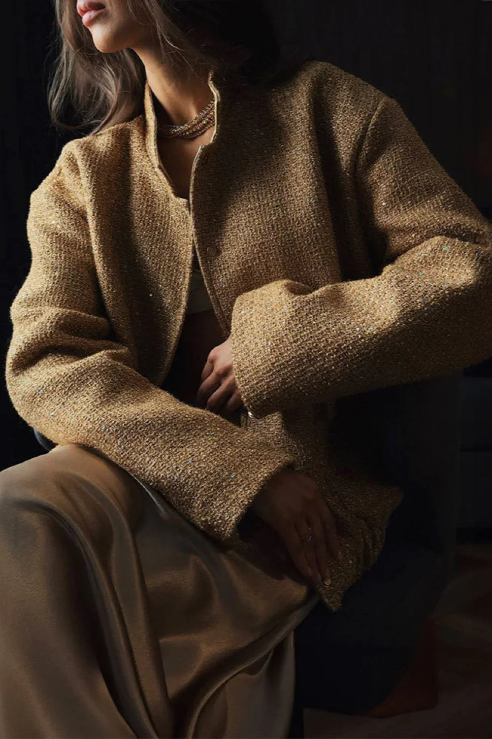 Sequin Stand Collar Pocket Jacket