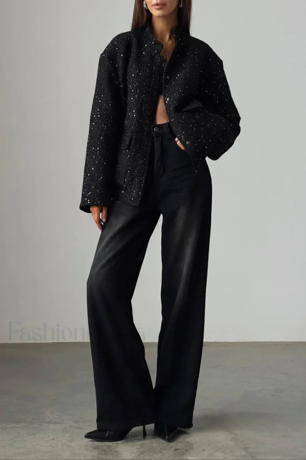 Sequin Stand Collar Pocket Jacket