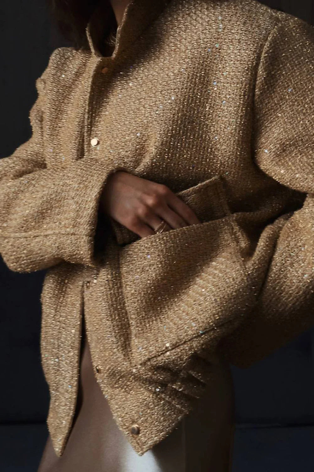 Sequin Stand Collar Pocket Jacket Gold / S