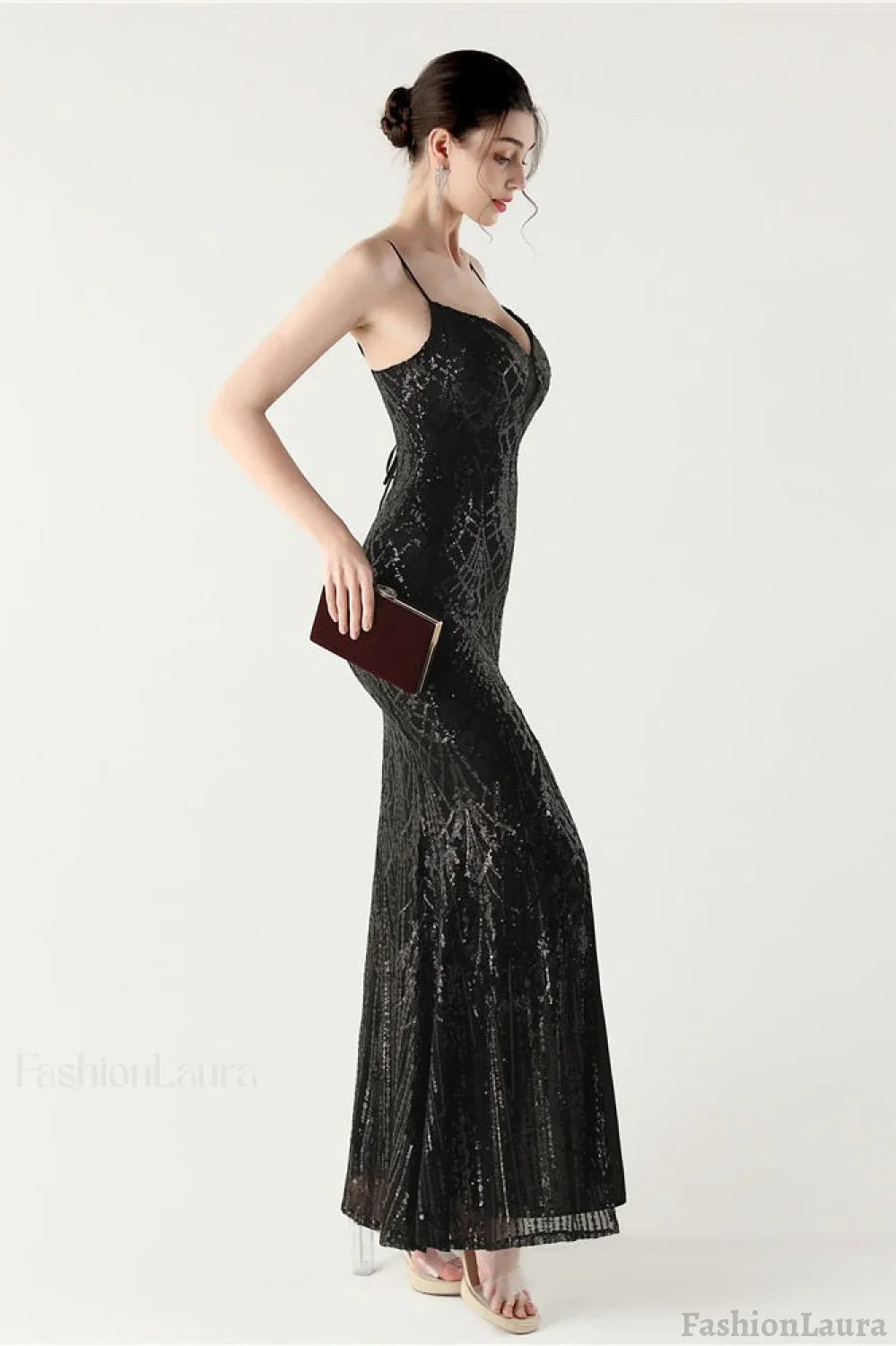 Sequin V Neck Cross Strap Mermaid Maxi Dress