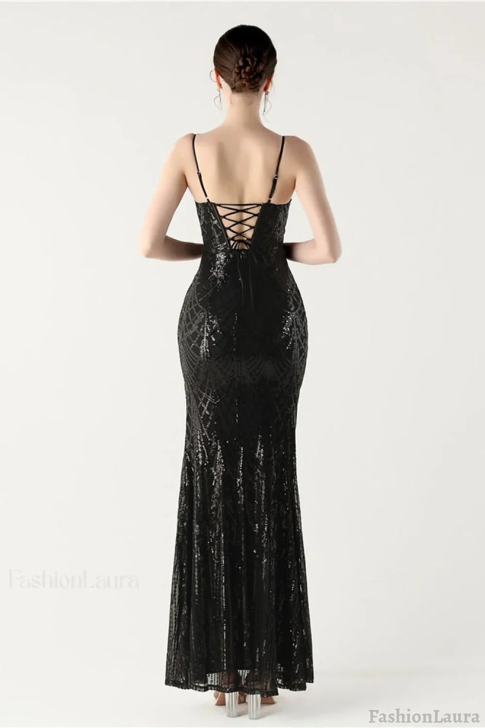 Sequin V Neck Cross Strap Mermaid Maxi Dress Black / S