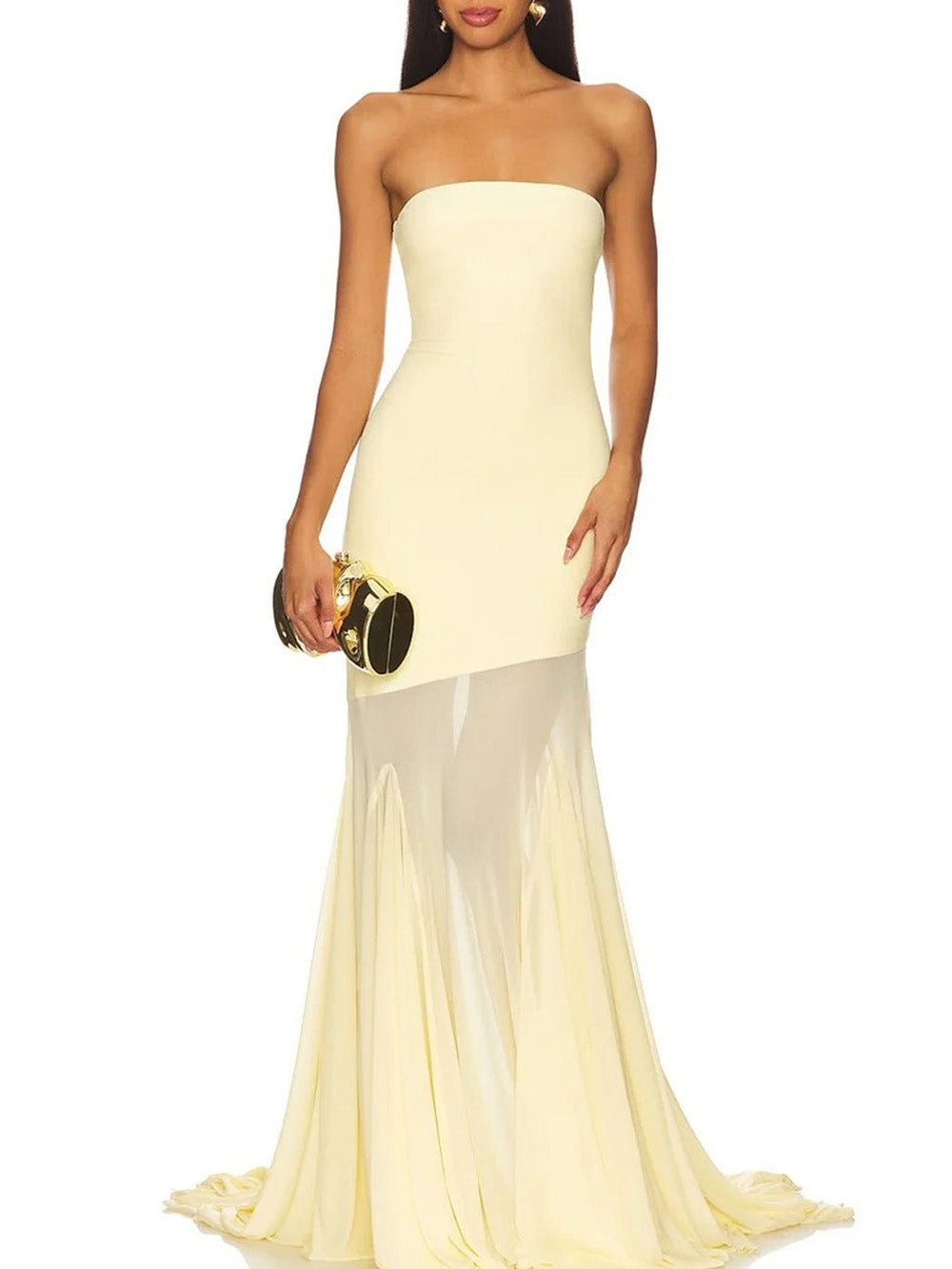 Strapless Asymmetric Sheer Mesh Skirt Mermaid Maxi Dress