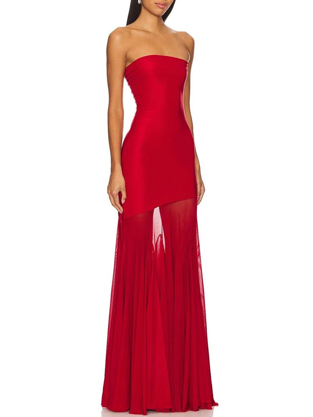 Strapless Asymmetric Sheer Mesh Skirt Mermaid Maxi Dress 3