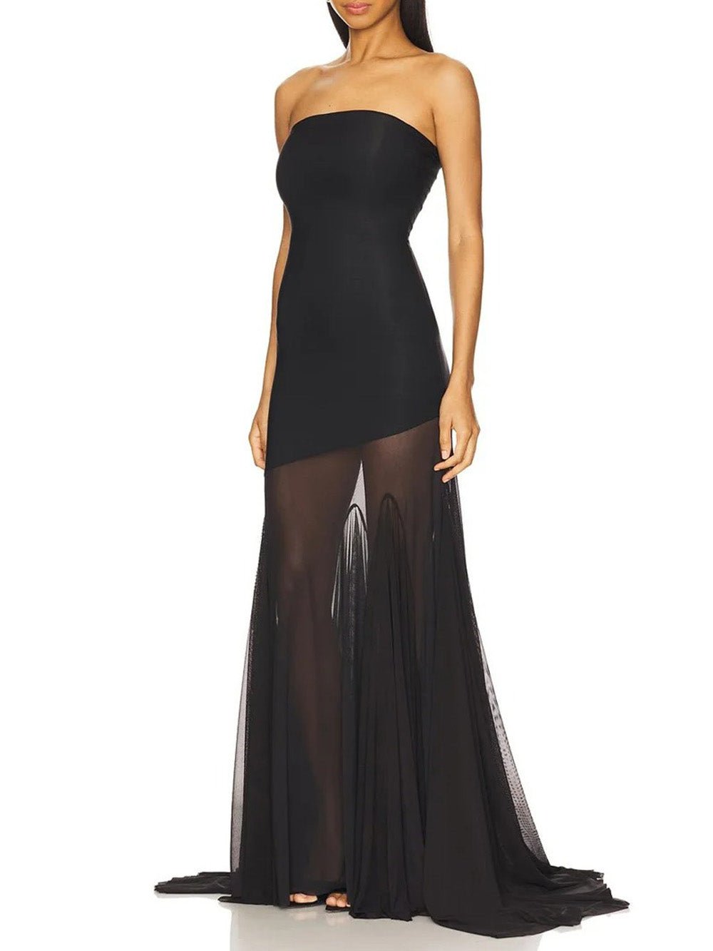 Strapless Asymmetric Sheer Mesh Skirt Mermaid Maxi Dress 4
