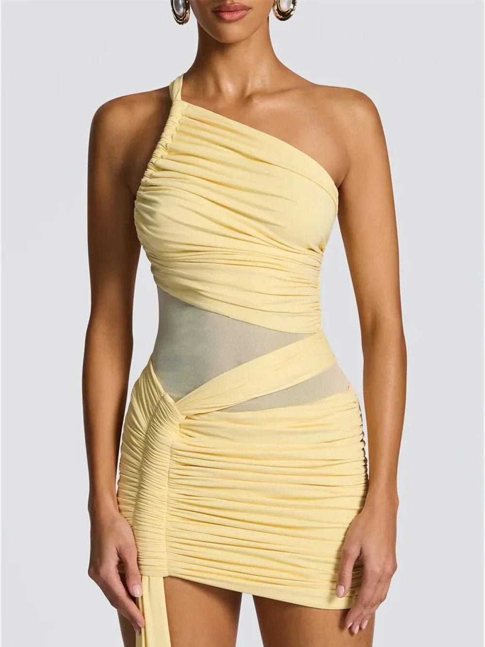 One Shoulder Ruched Mesh Panel Asymmetric Hem Draped Sash Mini Dress 3