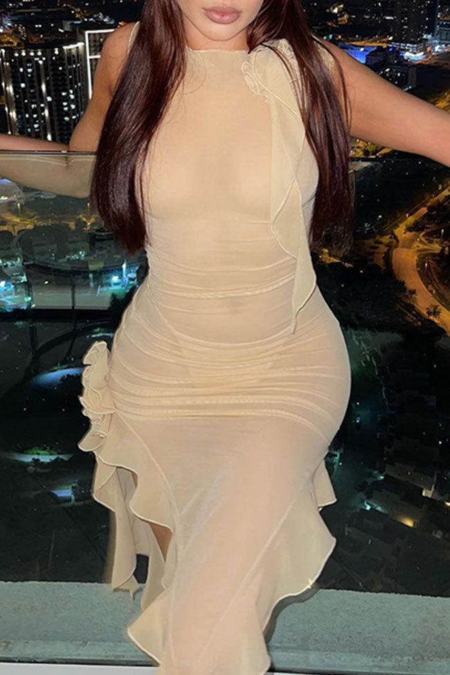 Sheer Mesh Sleeveless High Neck Ruched Ruffle Trim Midi Dress