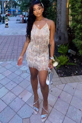 Sexy Backless Deep V Rhinestone Fringe Sheer Mesh Party Mini Dress - Silver 4