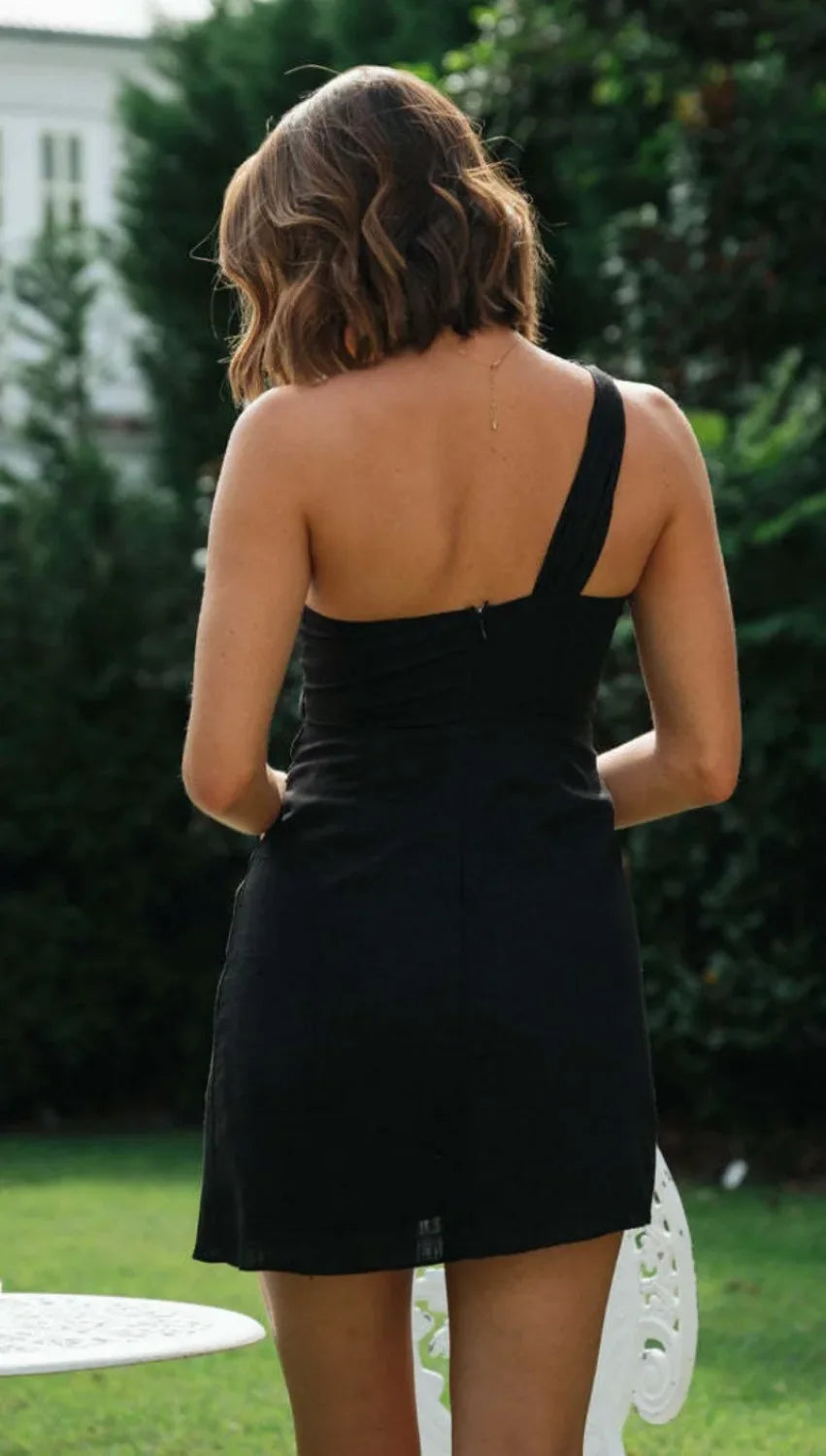 Sexy Backless Dress for Summer Women's 2024 New Slant Neck Zipper Solid High Waist Lace-up Irregular Hem Mini Dress