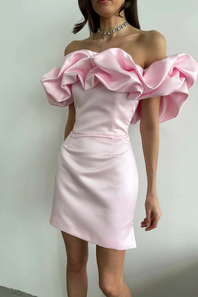 Satin Off Shoulder Oversized Ruffle Fitted Mini Dress