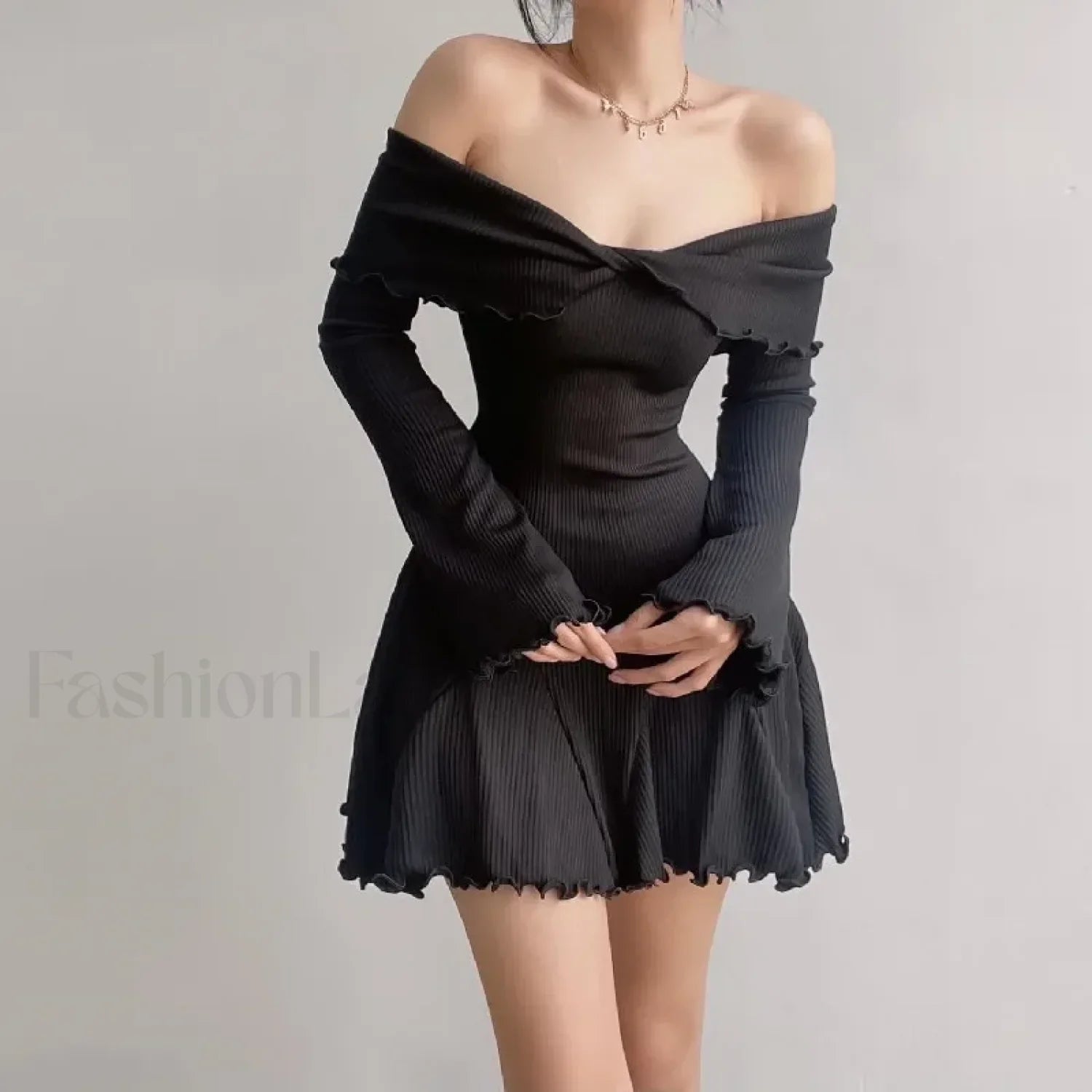 Sexy Black Autumn Strapless Off Shoulder Knitting Mini Club Party A-Line Dress