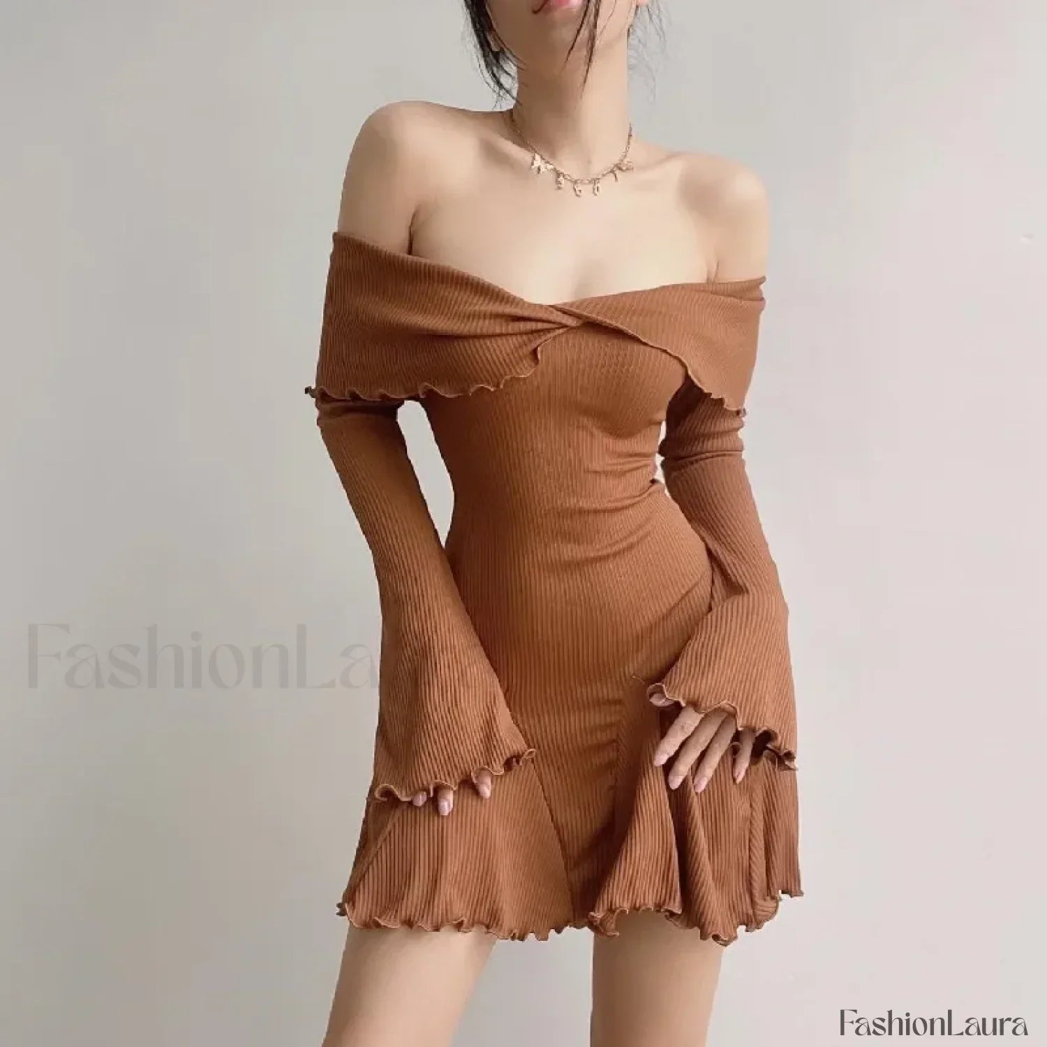 Sexy Black Autumn Strapless Off Shoulder Knitting Mini Club Party A-Line Dress