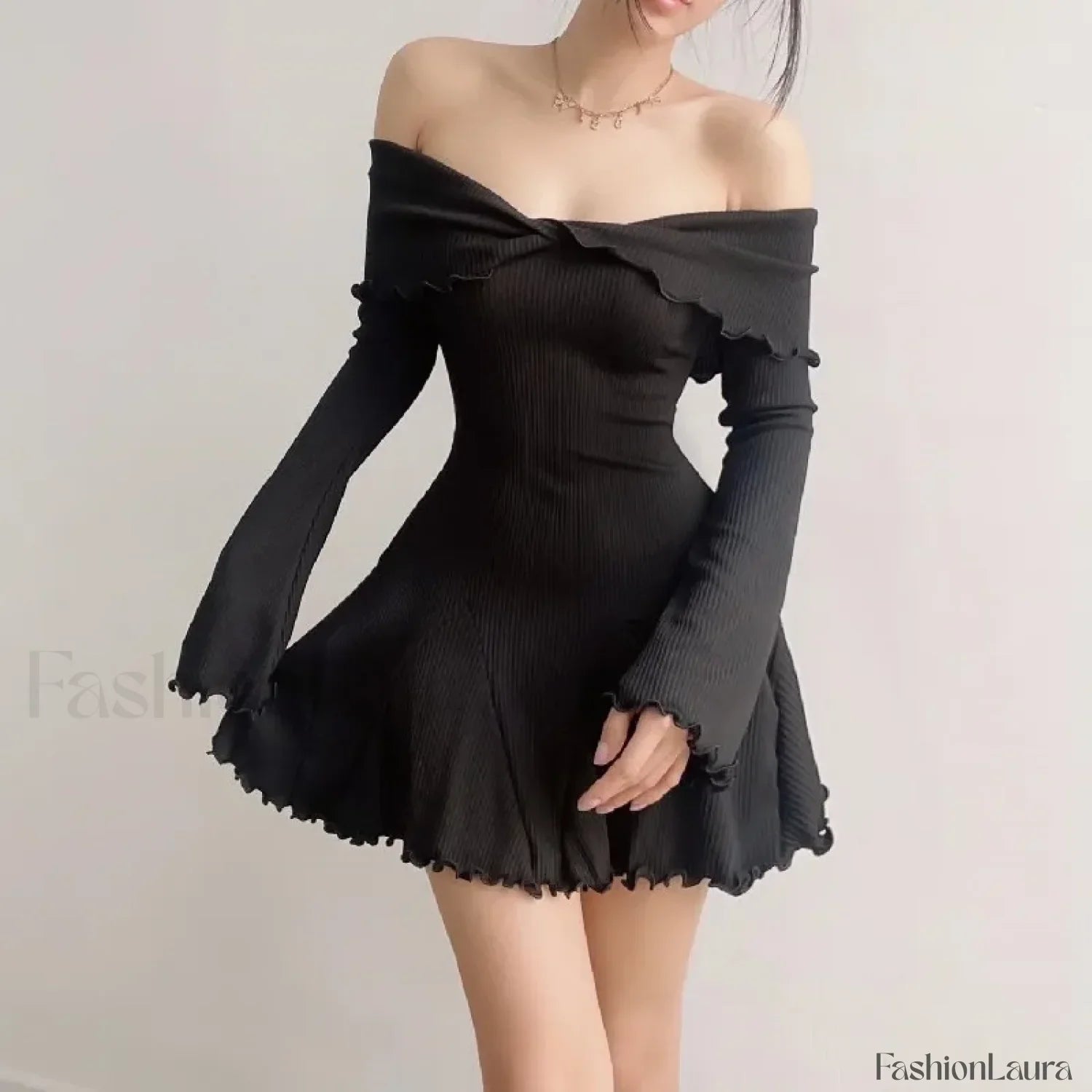 Sexy Black Autumn Strapless Off Shoulder Knitting Mini Club Party A-Line Dress