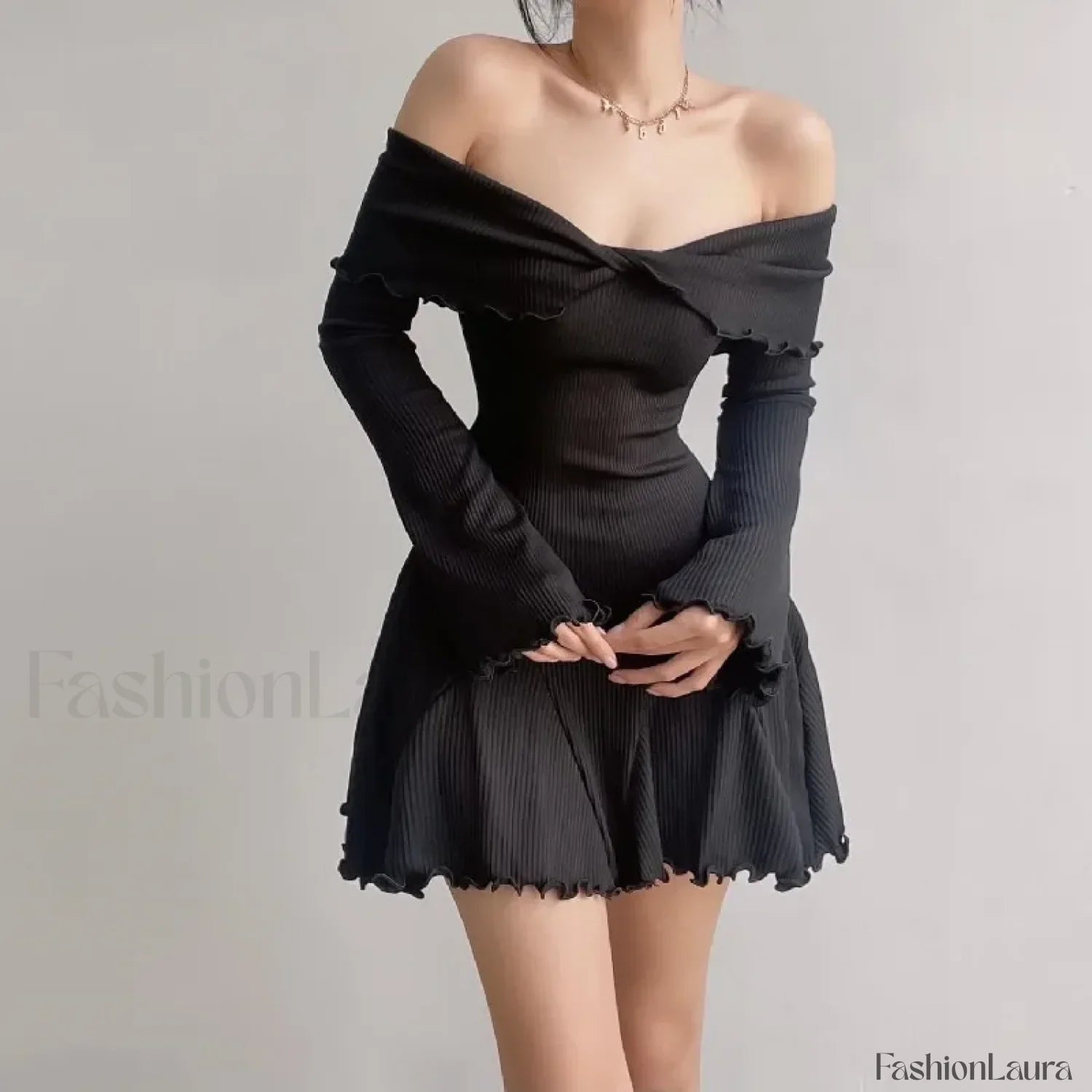 Sexy Black Autumn Strapless Off Shoulder Knitting Mini Club Party A-Line Dress