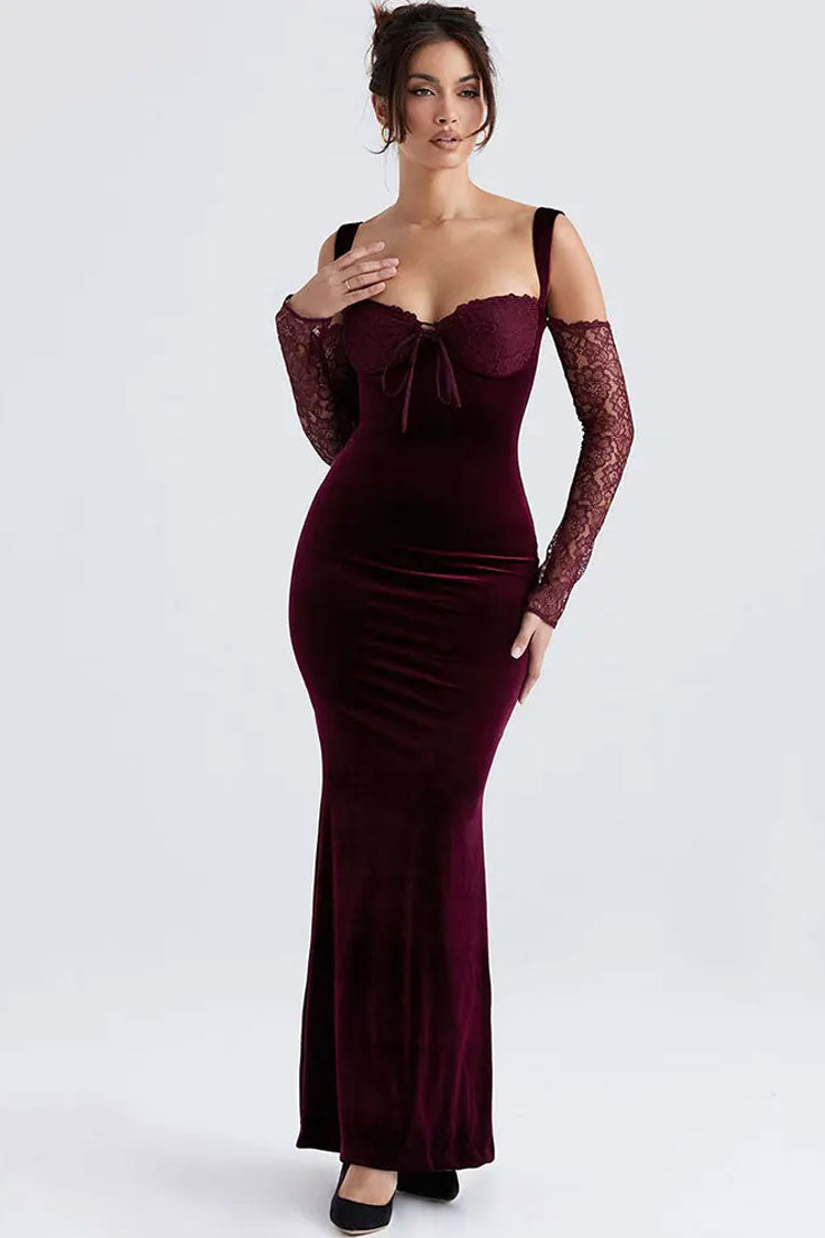 Sexy Bow Tie Sweetheart Cutout Shoulder Velvet Evening Maxi Dress - Burgundy 2