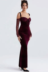 Sexy Bow Tie Sweetheart Cutout Shoulder Velvet Evening Maxi Dress - Burgundy 3