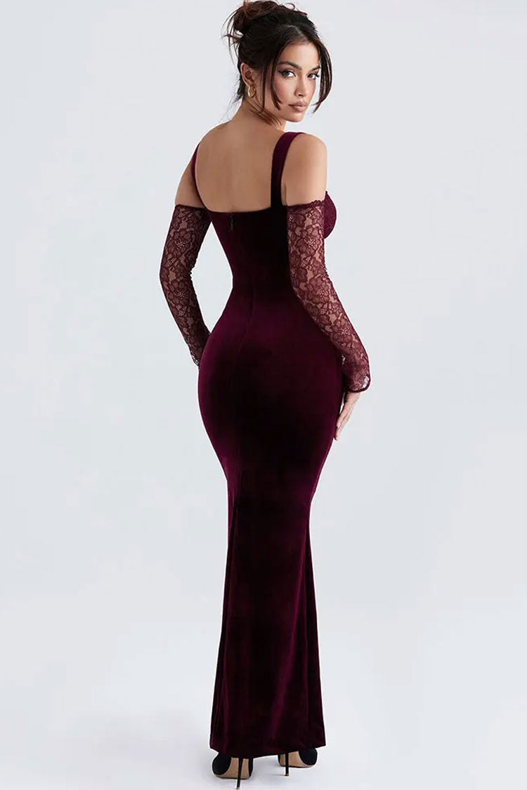 Sexy Bow Tie Sweetheart Cutout Shoulder Velvet Evening Maxi Dress - Burgundy 4