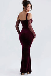 Sexy Bow Tie Sweetheart Cutout Shoulder Velvet Evening Maxi Dress - Burgundy 4