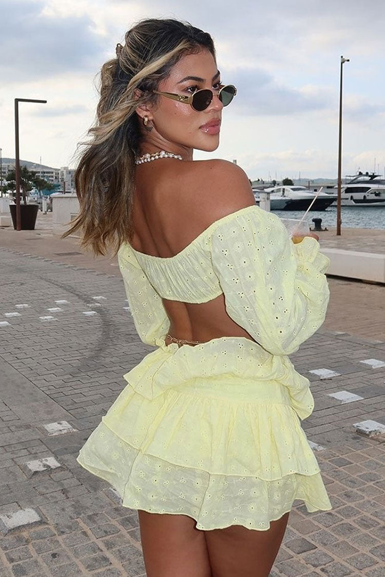 Sexy Cherry Off Shoulder Bra Top Broderie Anglaise Mini Skirt Two Piece Dress