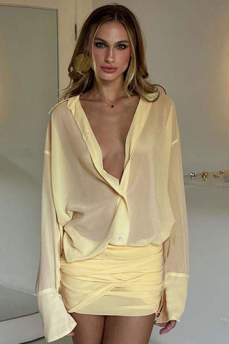 Sexy Collared Button Up Wrapped Ruched Drop Waist Party Mini Shirt Dress