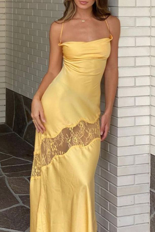 Glamorous Cowl Neck Lace Trim Tie Backless Beach Vacation Maxi Dress - Yellow
