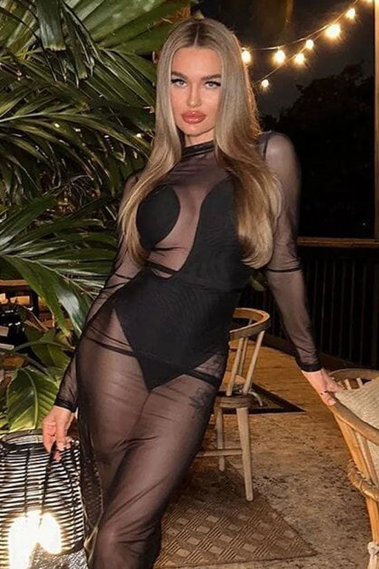 Alluring Crew Neck Long Sleeve Bandage Knit Sheer Mesh Club Maxi Dress - Black