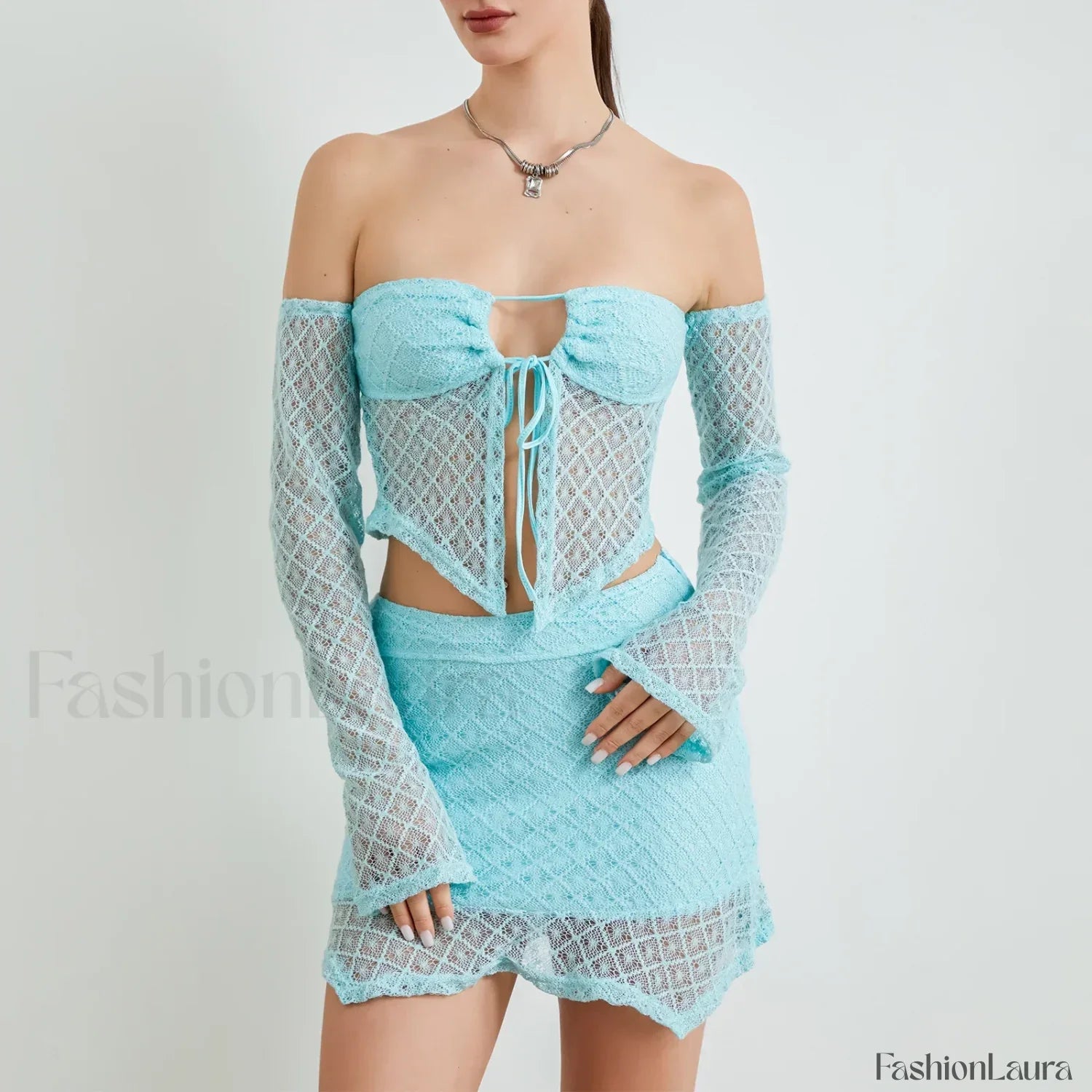 Sexy Crochet Knit Bodycon Skirt Two Piece Set