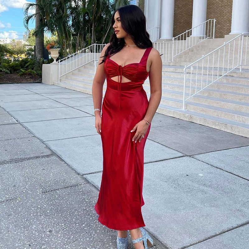 Satin Ruched Bust Cut Out Tie Front Sleeveless Side Split Maxi Dress 2