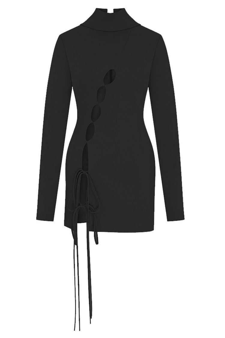 Cutout Bow Tie High Neck Long Sleeve Bandage Mini Dress - Black 3